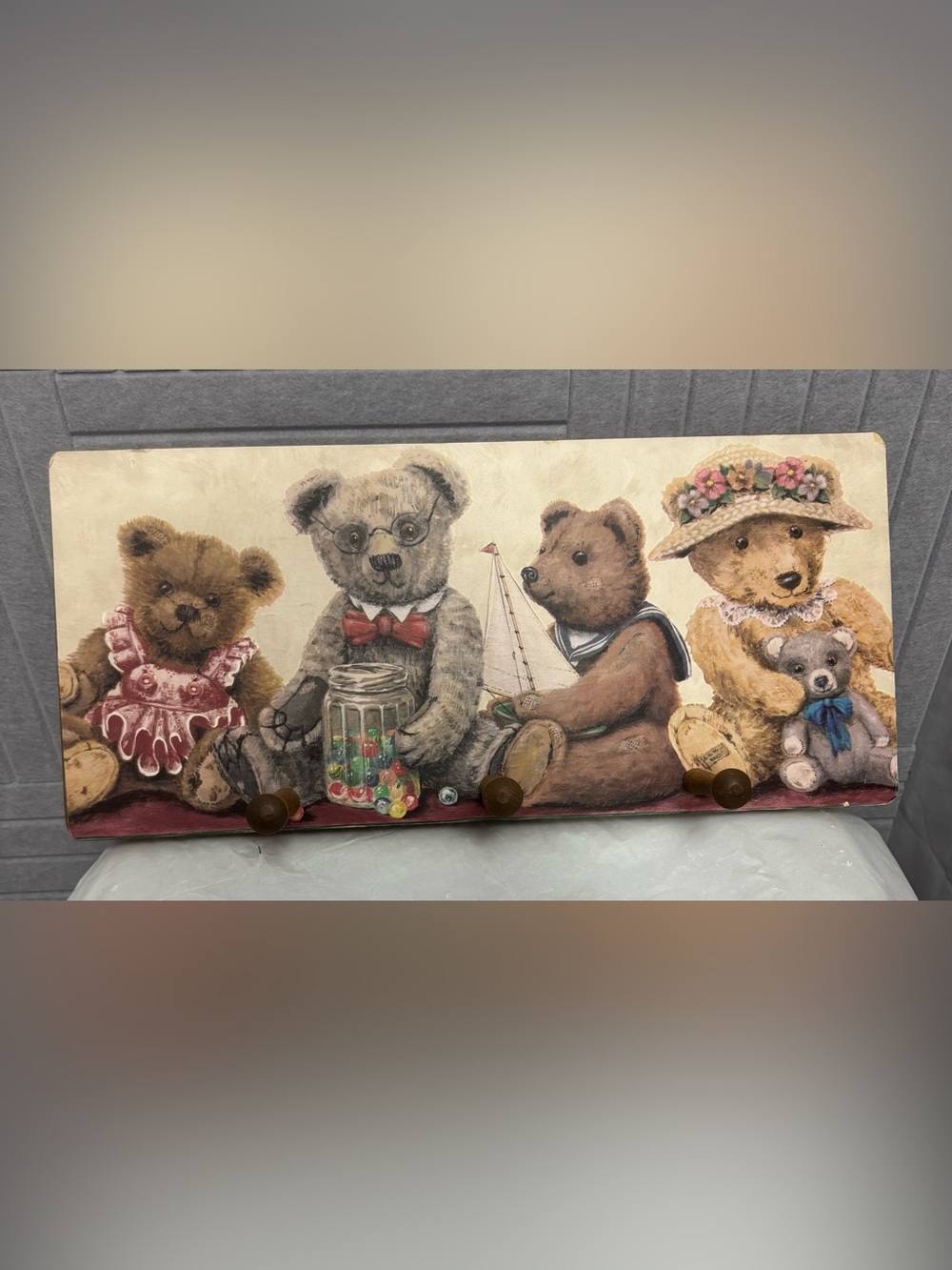 Vintage wooden country cottage nursery teddy bear coat hat peg rack